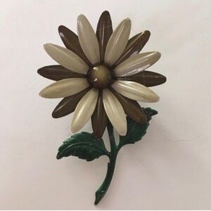 Vintage Metal Flower Brooch with Green Leaf